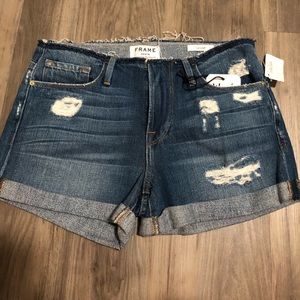 FRAME Le Cutoff Cuff Frayed Denim Shorts, Blue